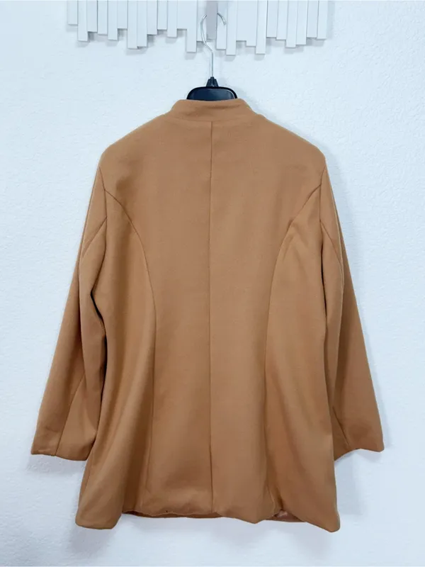 FME Camel Brown Longline Coat Stand Collar Button Front Minimalist Classic Jacke - Image 5