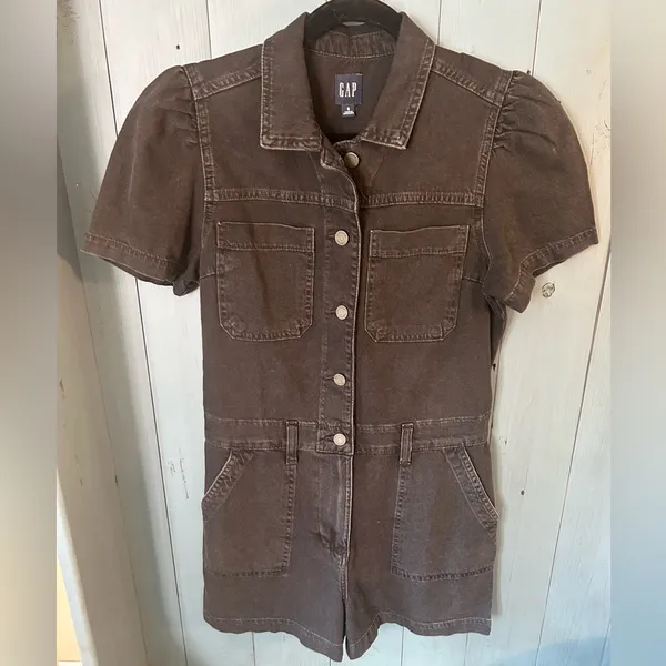 GAP Charcoal Black Denim Romper Puff Sleeves | Women’s Size 8 - Image 3