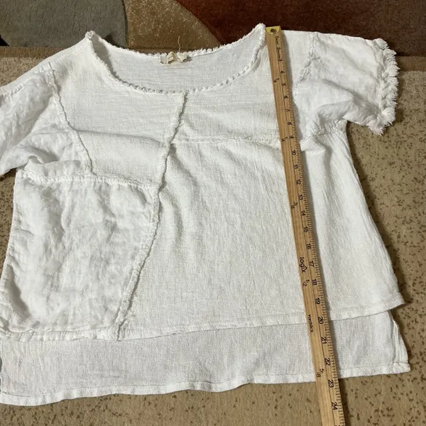 JBL Monica Italian Linen Patchwork Top Womens OS White Boho Frayed Raw Hem Gauze - Image 2