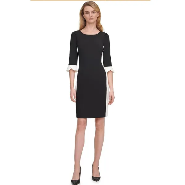 DKNY NWT -1233 Black Ivory Colorblock Sheath Dress 3/4‎ Bell Sleeve Size 8 - Image 2