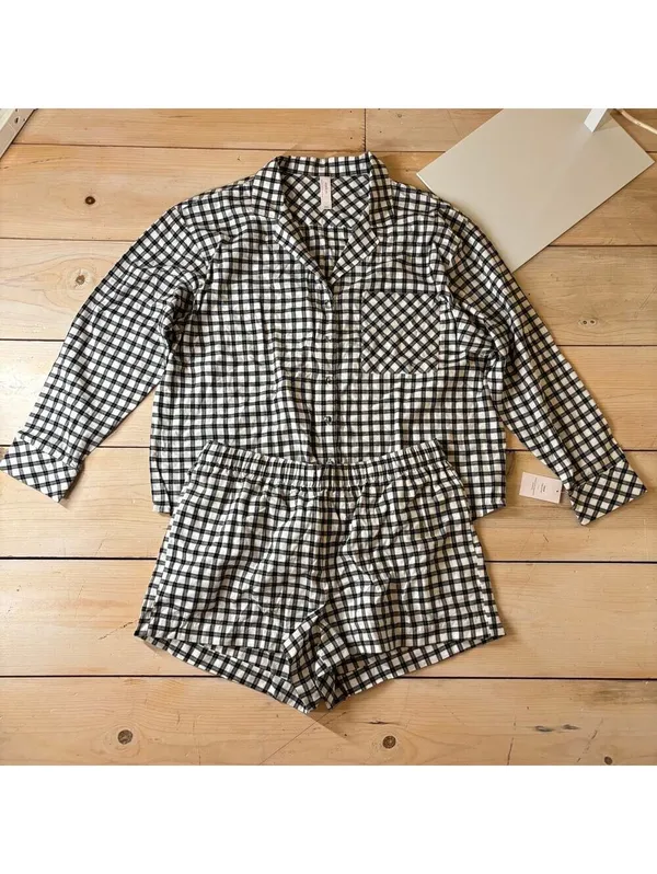Auden NWT Women's Flannel Black White Checkered Top Shorts Pajama Set Size L - Image 2