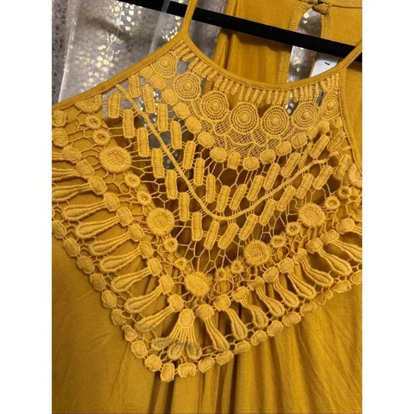 Three Bird Nest Perfection Tiered Maxi Dress Mustard Crochet Large - Image 5