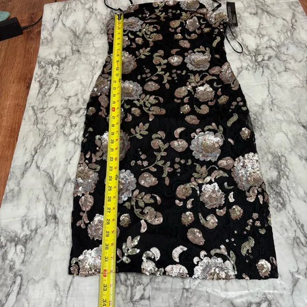 Anthropologie Goldie metallic Floral Sequin Mini Dress black mesh adjustable straps NWT XS - Image 6