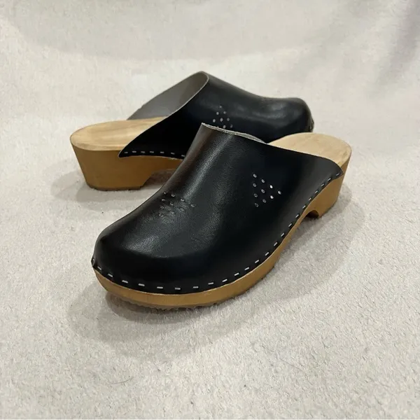 Marcus Black Leather Wooden Swedish Clogs Size 36 - Image 10
