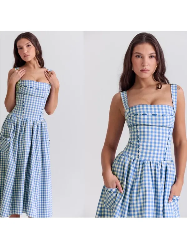 HOUSE OF CB 'Vivien' Regatta Blue Gingham Midi Sundress NEW - Image 3