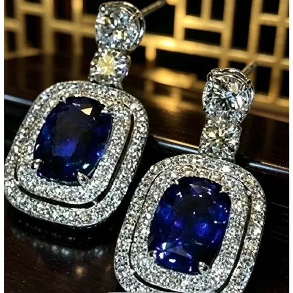Blue Sapphire and Diamond Halo Drop Earrings - Image 3