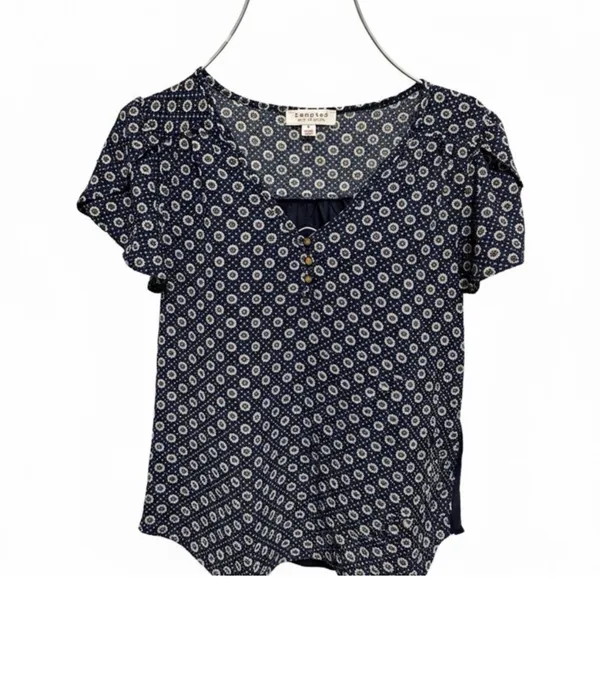 Boutique Charming Navy Blue Patterned Blouse with Ruffle Detail - Image 2