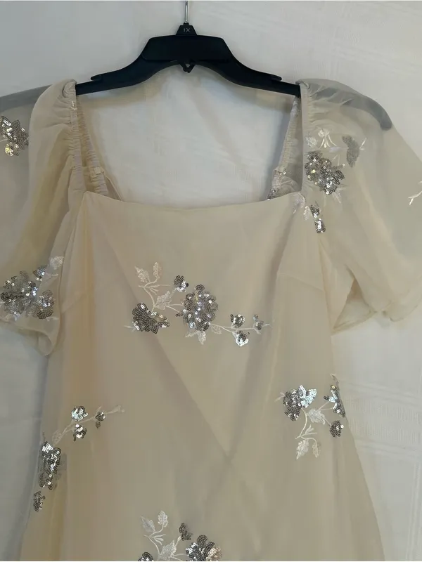 Cream Midi Dress with Silver Sequin Floral Embellishments, Ruffled Hem, Medium. - Image 6