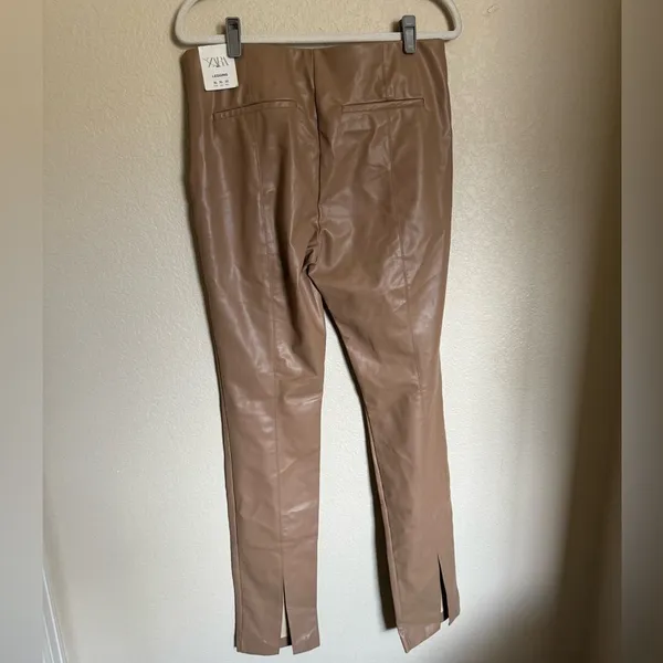 ZARA Faux Leather High Rise Straight Leg Pants Leggings Split‎ Hem Sz XL tan NEW - Image 7