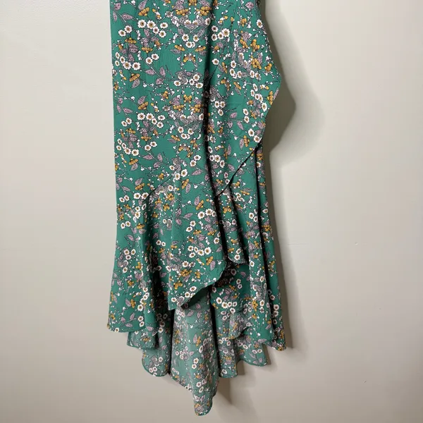 Max Studio Floral Short Ruffle Sleeve Wrap Maxi Dress Green Yellow White Small - Image 6