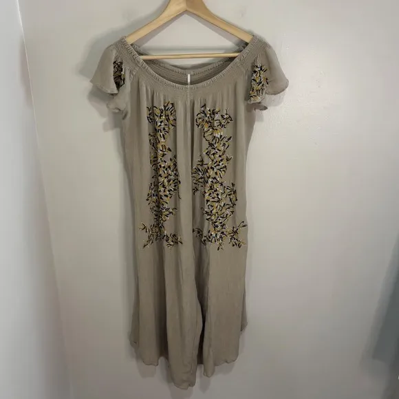 Free People Embroidered Wide Leg Jumpsuit Taupe Beige Boho Smocked Small - Image 2