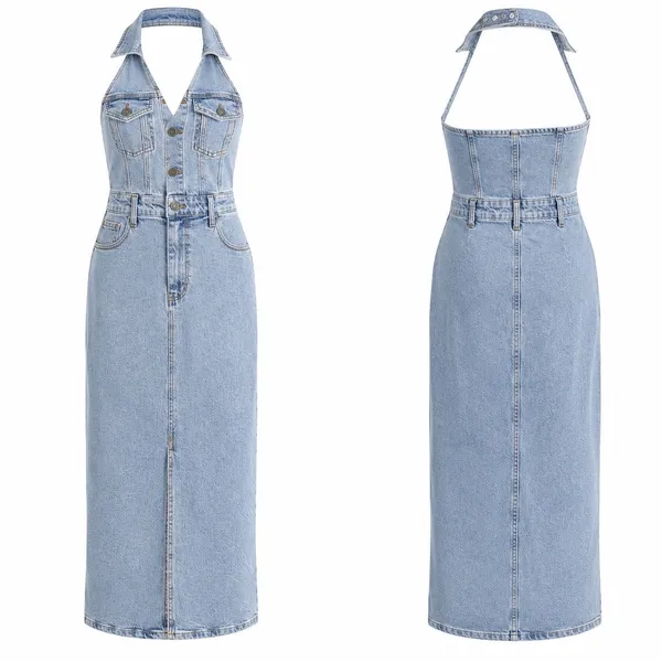 Gianni Bini Denim Halter‎ Maxi Dress Womens XS Light Wash Western Y2K Festival - Image 2