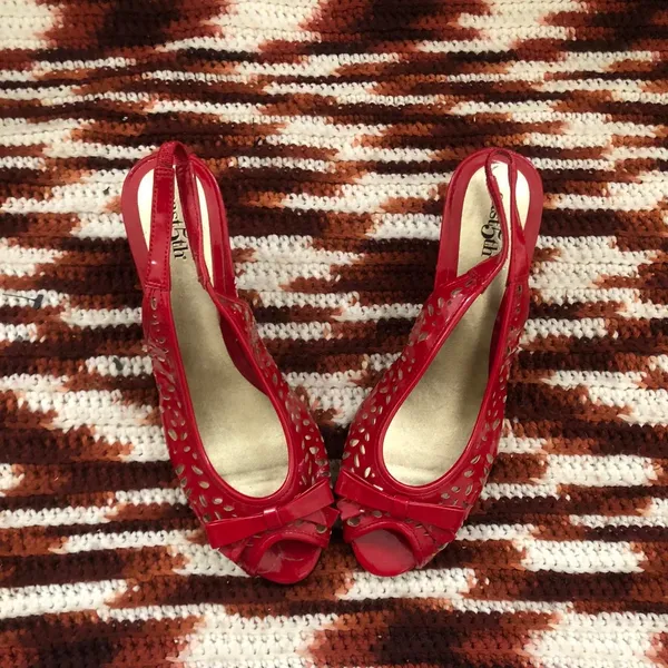 Y2K Coquette Whimsygoth Romantic Goth Vampy Fairy Red Pointelle Cut out Kitten Slingback Heels Pumps Bow Faux Leather Open peep toe-Size 6.5M - Image 4