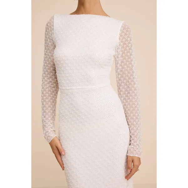 Lulus Mariani White Sequin Beaded Backless Long Sleeve Maxi Dress Medium NWT - Image 5