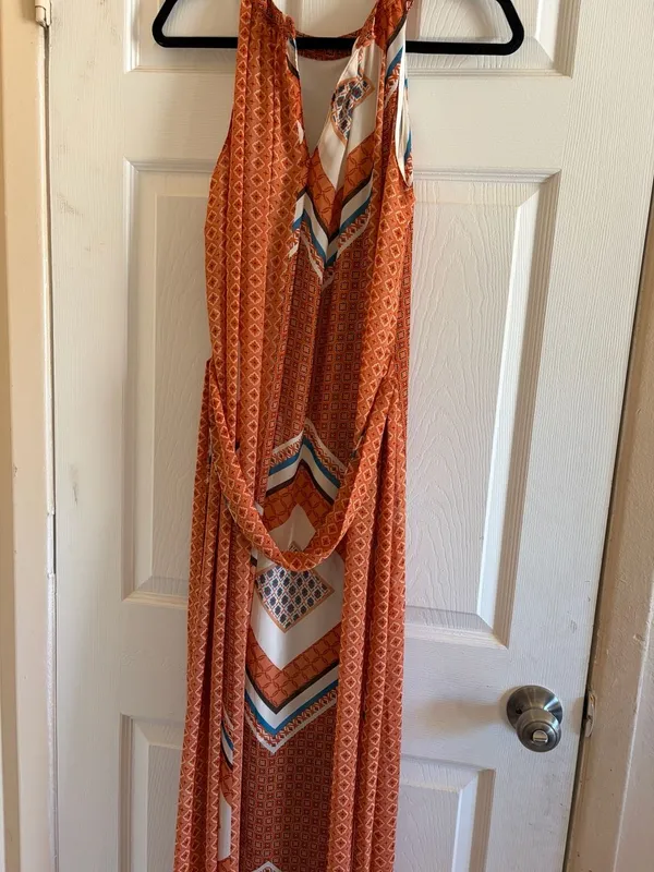 Cato Women's Orange Geometric Scarf Print Halter Maxi Dress HOM1188-G - Image 4