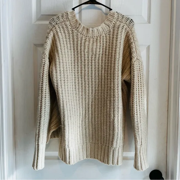 Aerie Cream Chunky Knit Crew Neck Sweater XS Oversized - Image 2