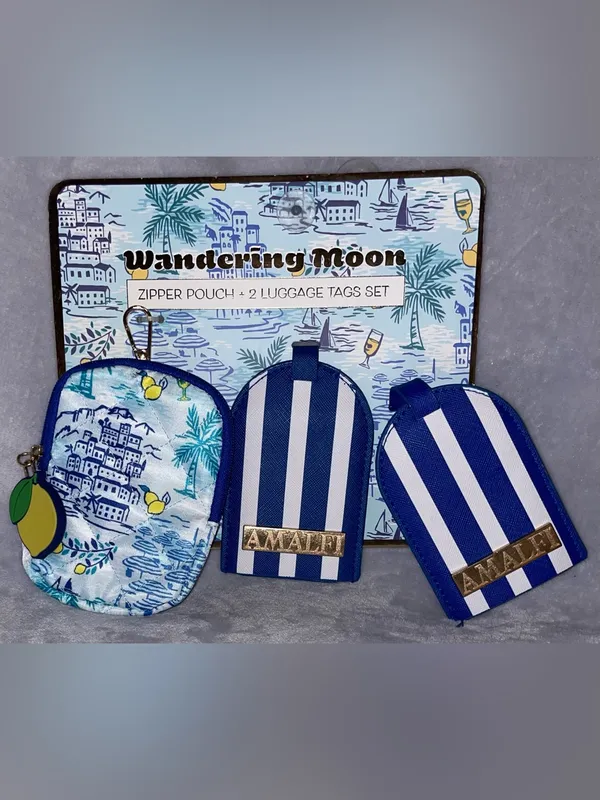 Wandering Moon NWT Amalfi Coast Travel Set Zipper Pouch Luggage Tags Blue Stripe - Image 2