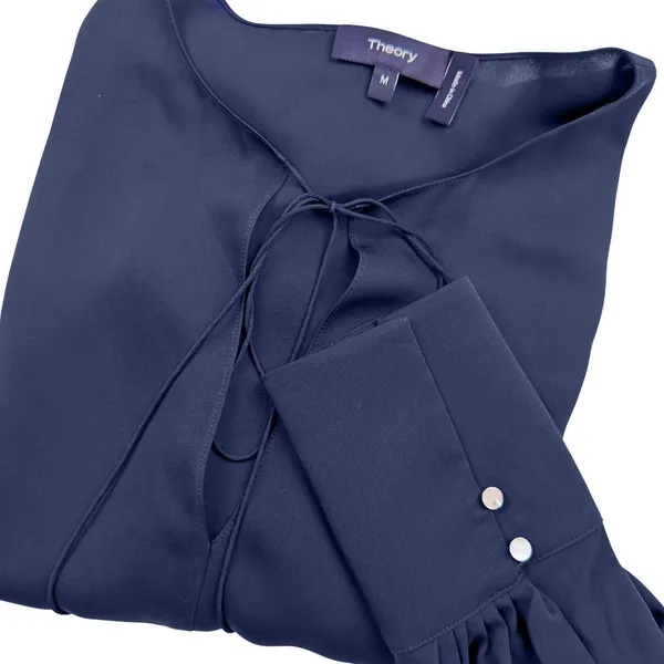 Theory Silk MED Navy Blue Keyhole Tie Front Cuffed Sleeve Blouse Tunic Minimal - Image 3