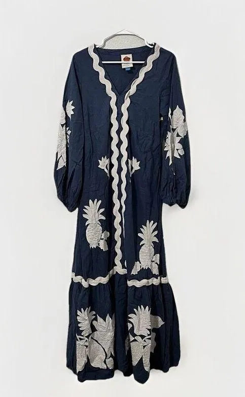 Farm Rio Anthropologie Blue Linen Embroidered Dress Size Medium - Image 2