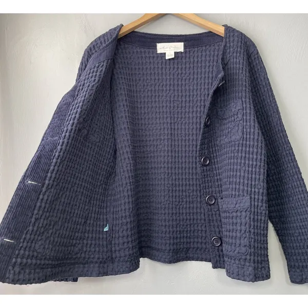 Mod O Doc Jacket Size Large Navy Textured Waffle Lagenlook Boxy Artsy Cotton Top - Image 4