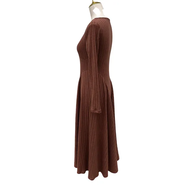 Halara Dress Sz Sm Ribbed Knit Flare Long Sleeve Flowy Casual Brown Minimalist‎ - Image 4