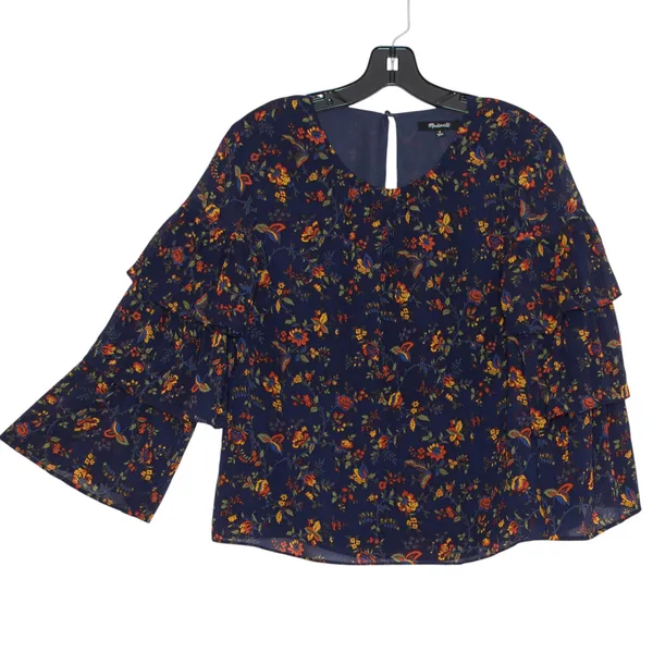 Madewell Ruffle Dark Floral Navy Blue Top Boho Cottagecore Romantic Feminine M - Image 7