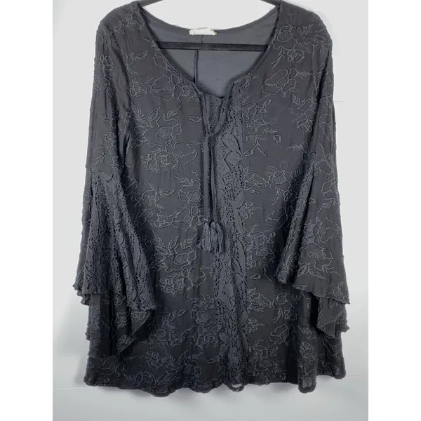 Altar'd State Black Embroidered Boho Tunic Medium Bell Sleeve Lace Top Festival - Image 6