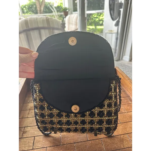 Vintage Beaded Evening Clutch Bag Black Gold Geometric Crossbody Formal PurseGUC - Image 3