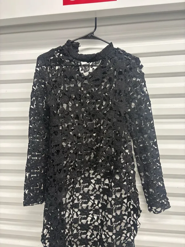 Pretty Garden Womens Black Lace Sheer Layered Round Neck Long Sleeve Midi S - Image 7
