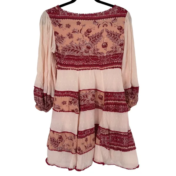 Free People Women's My Love Mini Dress Pink Size XS Boho Pom Pom Balloon Sleeves - Image 4