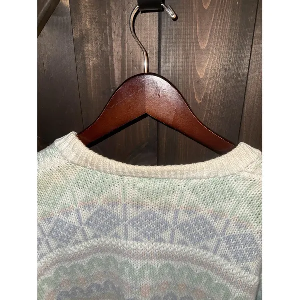 VTG Marsh Landing Sweater Women's‎ L Large Pastel Fair Isle Cardigan Cream 90s - Image 6