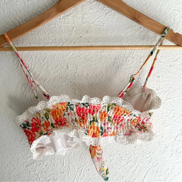 For Love & Lemons Ravi Floral Tie Front Bikini Top Eyelet Lace Trim Small - Image 4