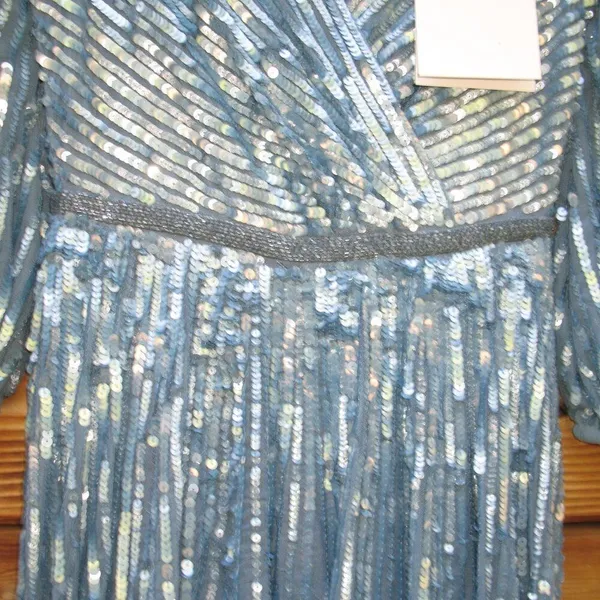 Mac Duggal Size 4 Blue Sequin Wrap Over 3/4 Sleeve Maxi Dress Gown - Image 7