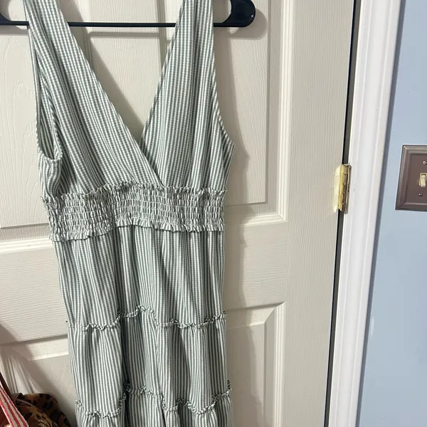 American Eagle Outfitters Sage Stripe V-Neck Tiered Midi Dress - Image 3