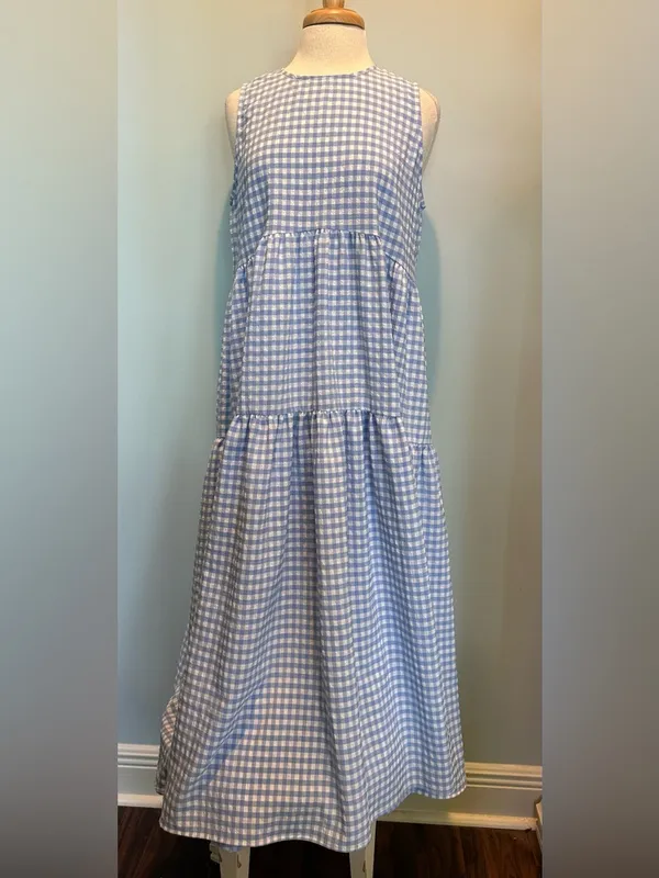 En Saison Blue/White Gingham Check Seersucker Tiered Maxi Dress size Large - Image 2