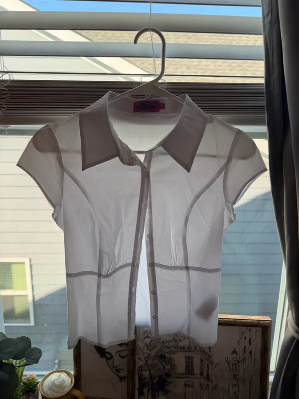 Edikted White Sheer Collared Button Up Baby Tee Top Y2K - Image 3