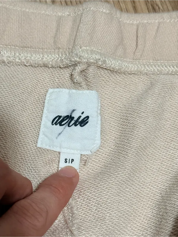 Aerie Sweat Shorts Women's S Cream Raw Hem High Waist Pull On French Terry - Image 3