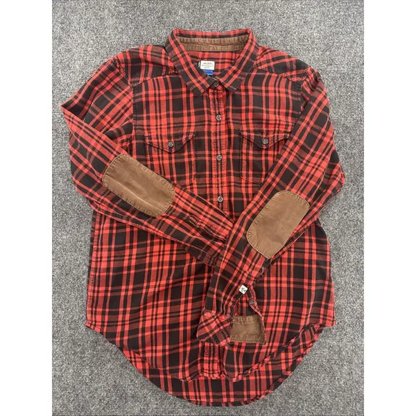 KAVU Women’s M Red Black Plaid Flannel Shirt Corduroy Elbow Patches Outdoor - Image 2