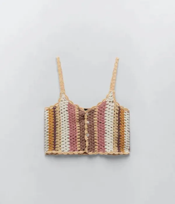 ZARA NWT Knit Multicolor BoHo Striped Crochet Crop Top SS21 Unlined - Image 2