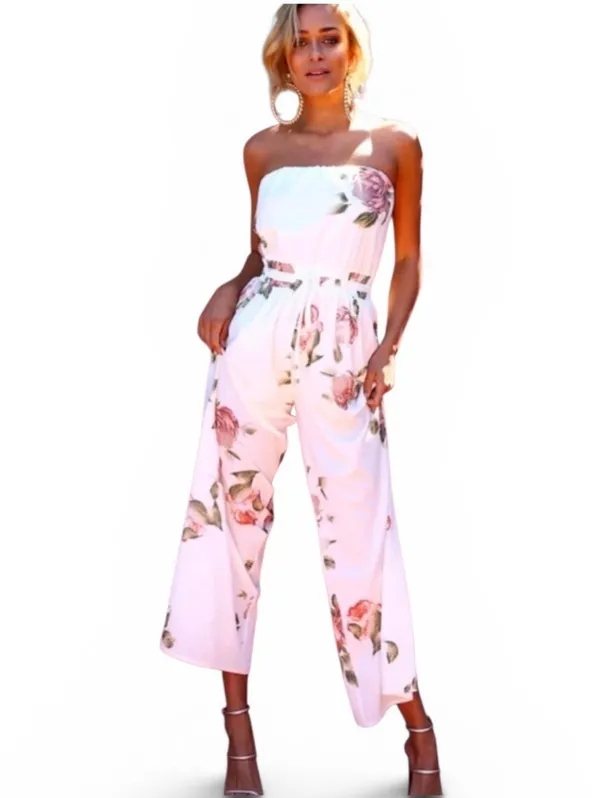 Hello Molly White Strapless Floral Wide-Leg Jumpsuit with Pink Roses - Image 2