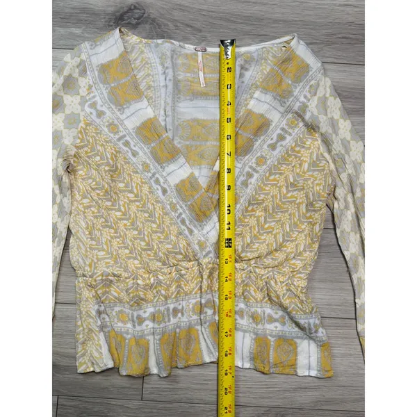 Free People Boho Peplum Top Mustard Floral Long Sleeve V-Neck" Sz S/P - Image 9