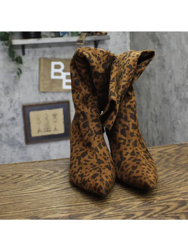 A New Day Justice Mid-Calf Boots Faux Suede Cone Heel Leopard Brown 8.5M - Image 4