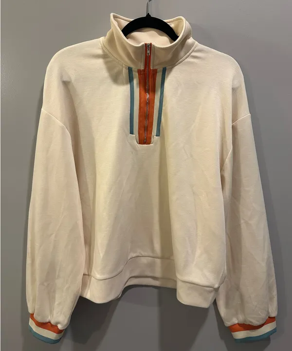 JODIFL Striped Detail Quarter-Zip Pullover and Straight Leg Sweatpants Matching Set Cream Multi - Image 9