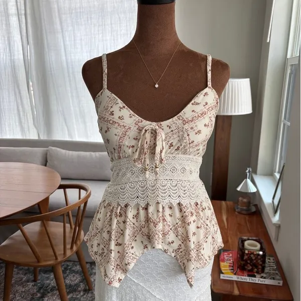 Y2K Style Derek Heart Babydoll Flowy Boho Top Handkerchief Hem Summer Cami Small - Image 2