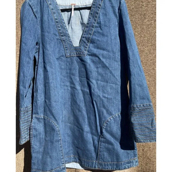 Free People Dreaming Of Denim Hendrix Tunic Oversized Women’s Sz S Denim Blue - Image 7