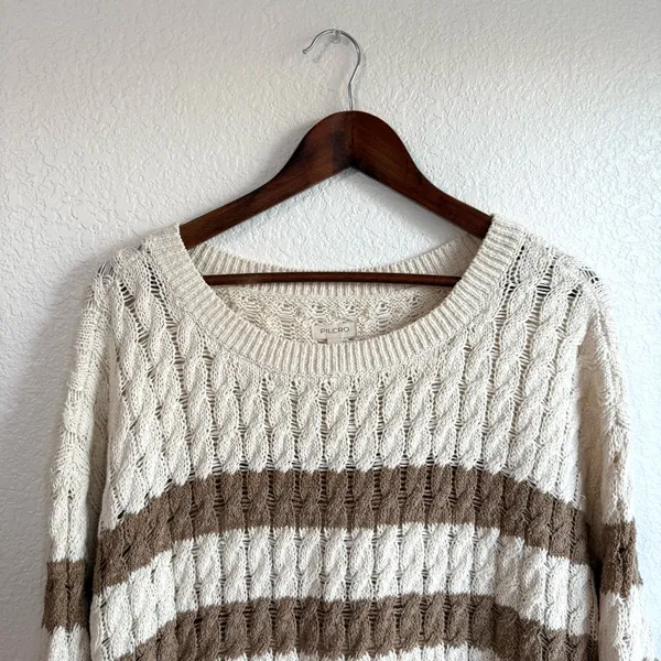 Pilcro by Anthropologie Womens Sweater Longline Ivory Beige Stripe Size XL - Image 4
