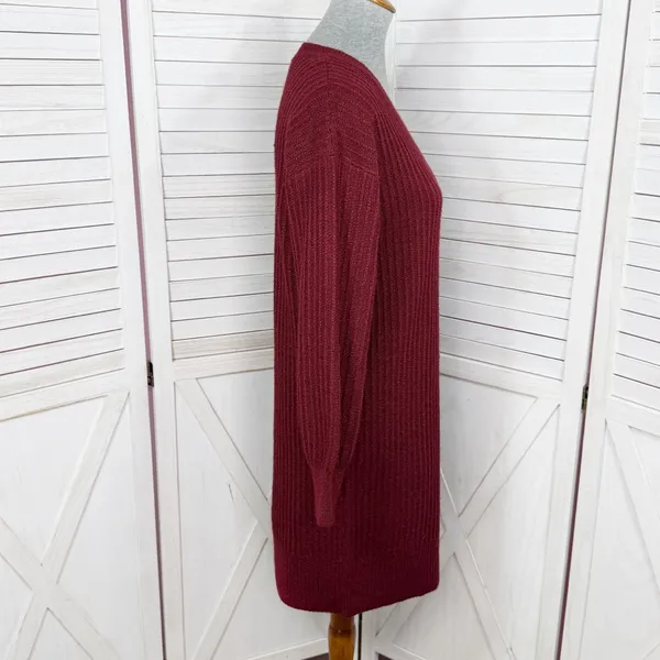 Nine West Metallic‎ Shimmer Knit Balloon Sleeve Sweater Dress Burgundy Red Small - Image 3