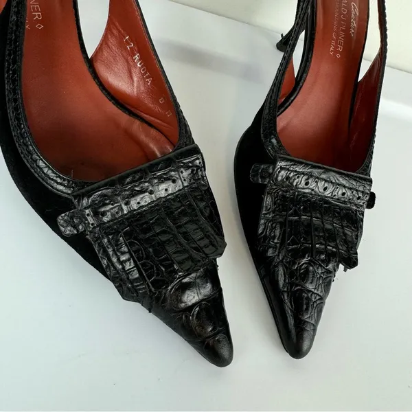 Donald Pliner Leather Sling Back Mules Sz 8 Black Kitten Heels Kiltie Point Toe - Image 5