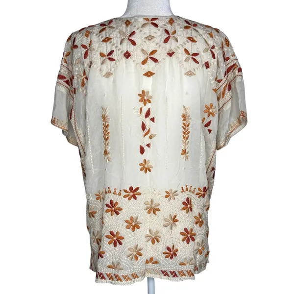 Johnny Was Aubrey‎ Blouse Small Cream Embroidered Floral Boho Peasant Top Tunic - Image 4