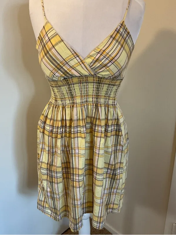 Fabiola Yellow Plaid Sundress Small Smocked Waist V-Neck Cotton Blend Summer - Image 2